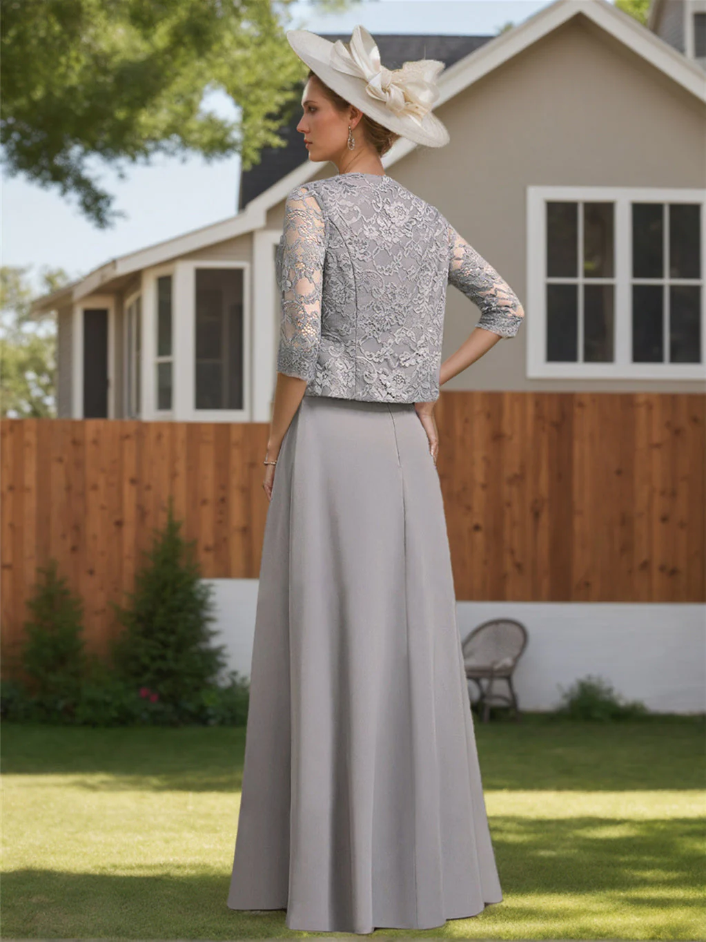Sheath/Column Chiffon Floor Length 1/2 Sleeves Scoop Lace Mother of the Bride Dresses - Image 2