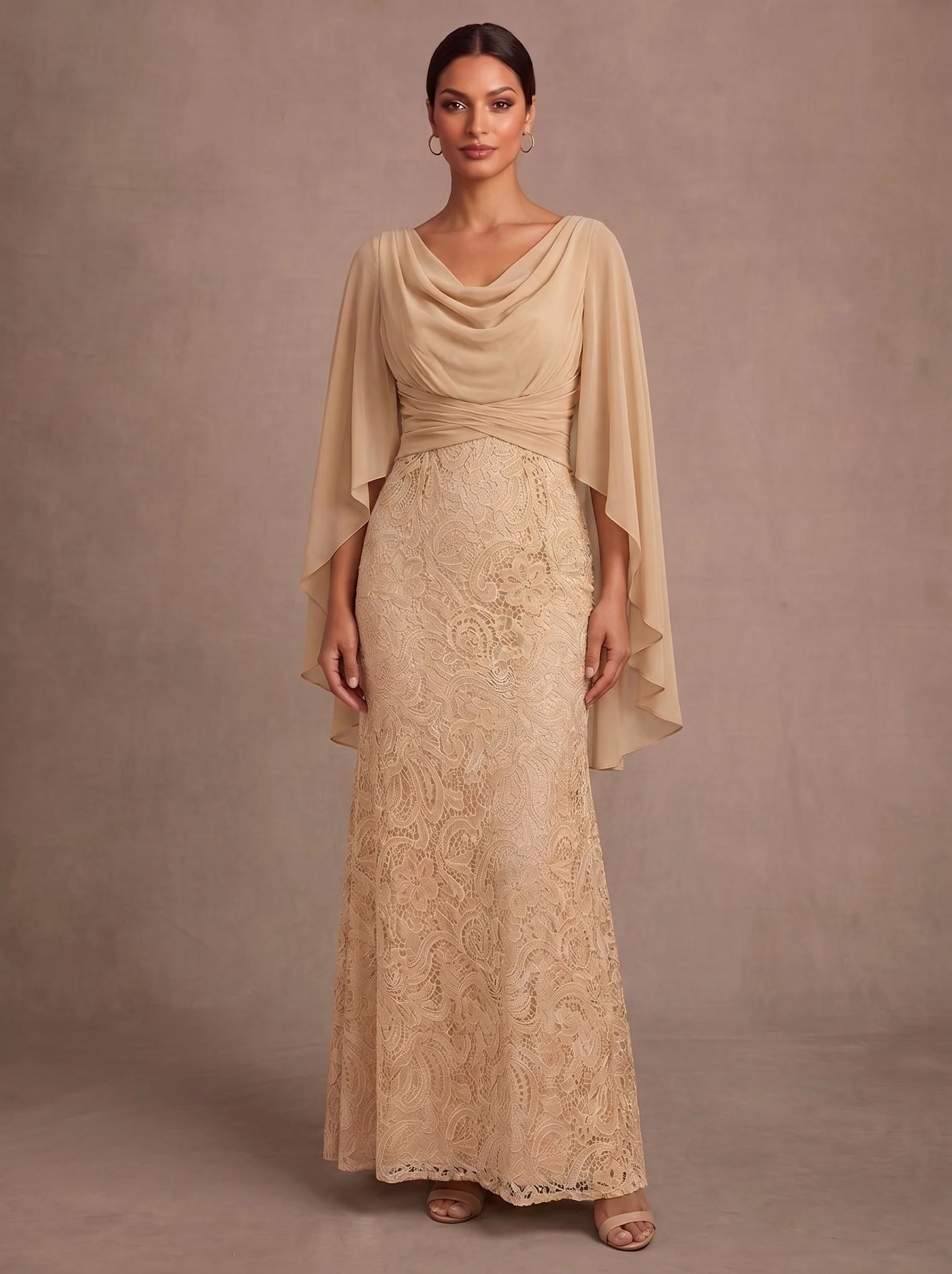 Sheath/Column Cowl Neck Chiffon Mother of the Bride Dresses Lace Cape Sleeves Ankle-Length Ruched