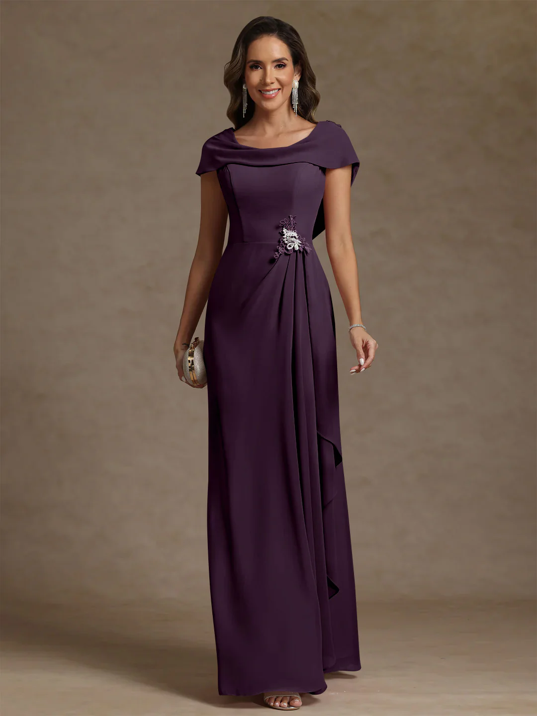Sheath/Column Cowl Neck Chiffon Mother of the Bride Dresses Rhinestone Floor-Length Ruffles Sleeveless - Image 26