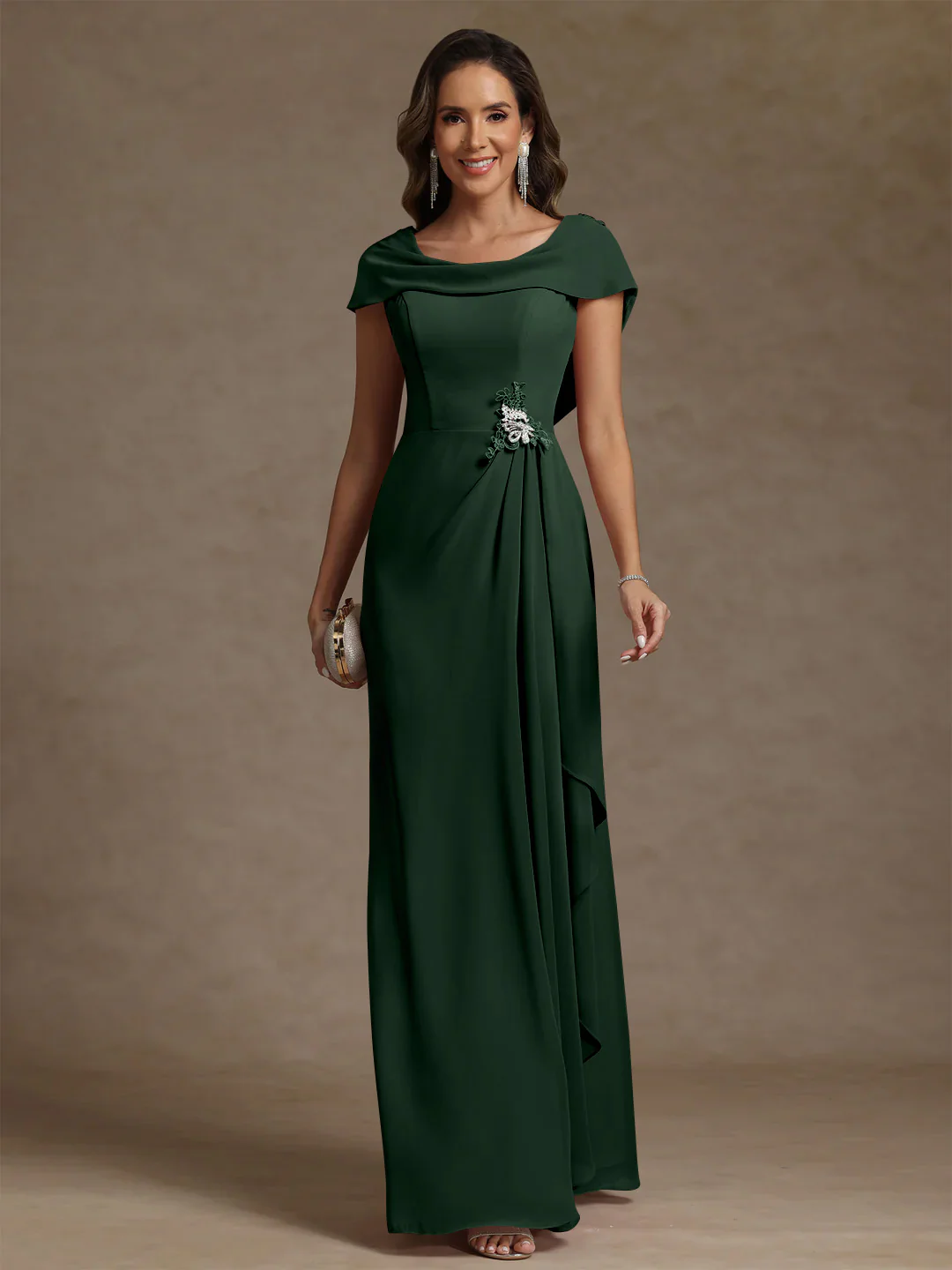 Sheath/Column Cowl Neck Chiffon Mother of the Bride Dresses Rhinestone Floor-Length Ruffles Sleeveless - Image 27