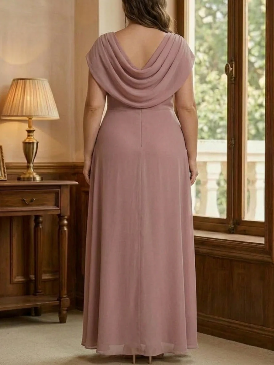 Sheath/Column Cowl Neck Chiffon Plus Size Mother of the Bride Dresses Rhinestone Floor-Length Ruffles Sleeveless - Image 2