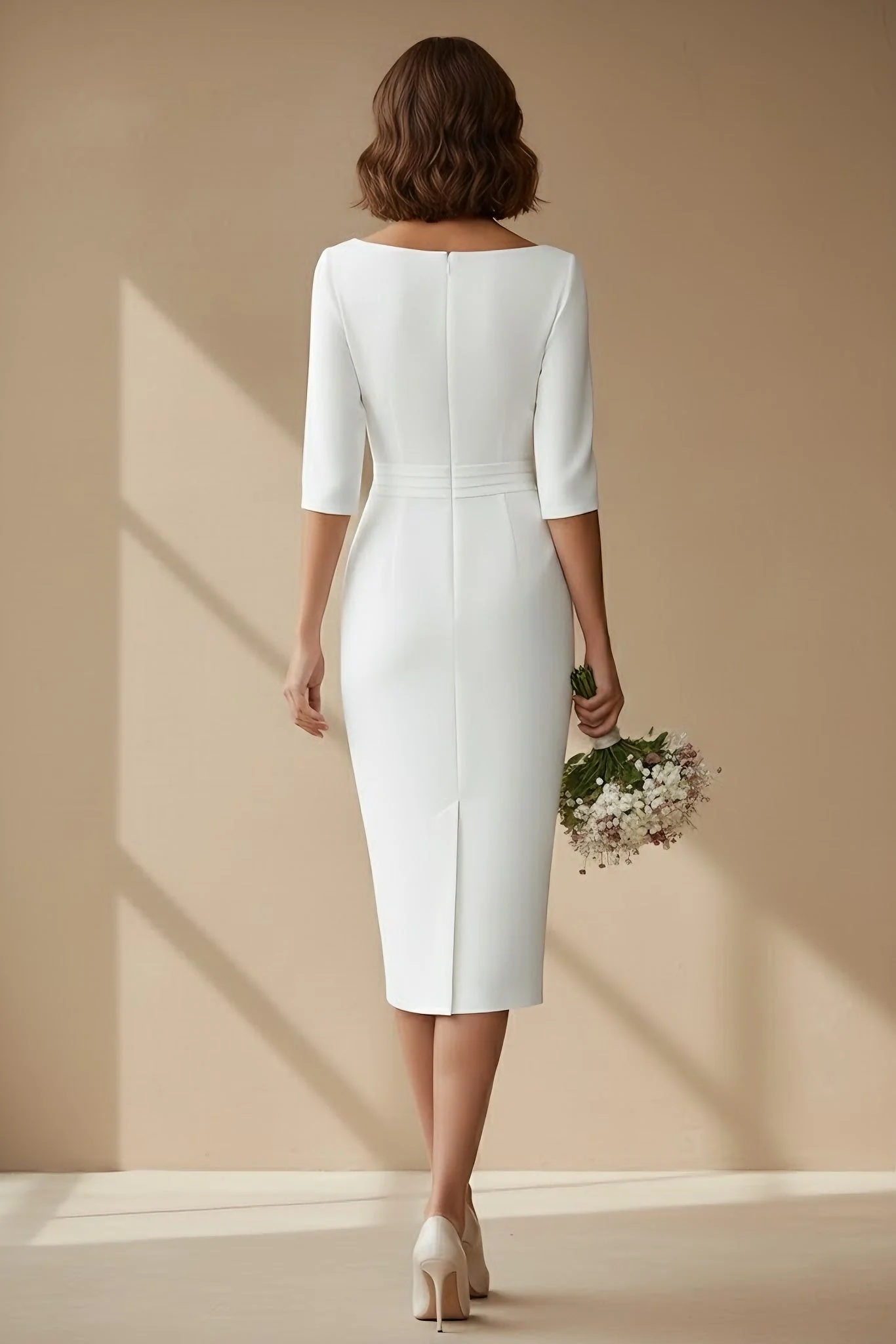 Sheath/Column Cowl Neck Satin Wedding Dress Tea-length Half Sleeves Sash - Image 2