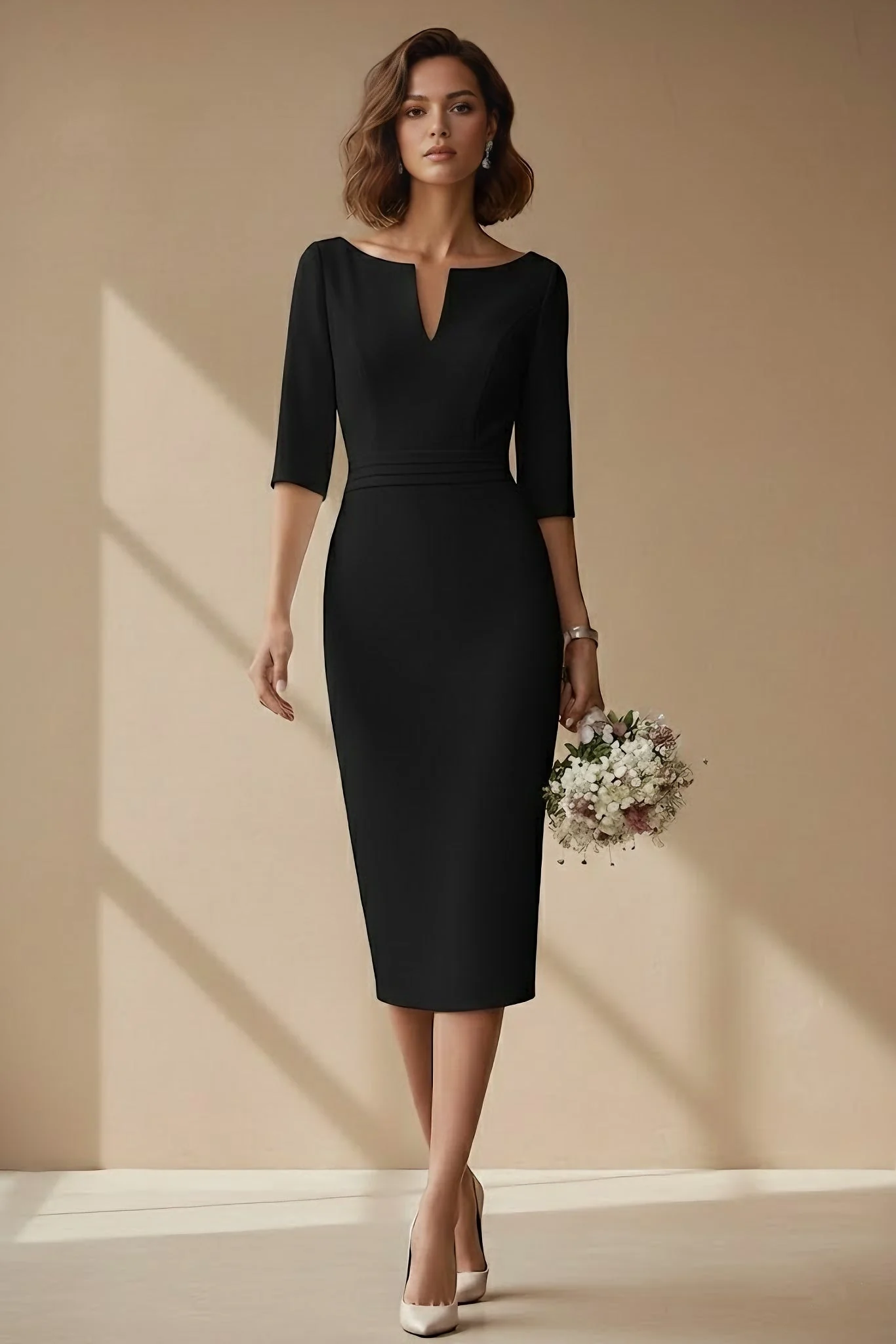 Sheath/Column Cowl Neck Satin Wedding Dress Tea-length Half Sleeves Sash - Image 3