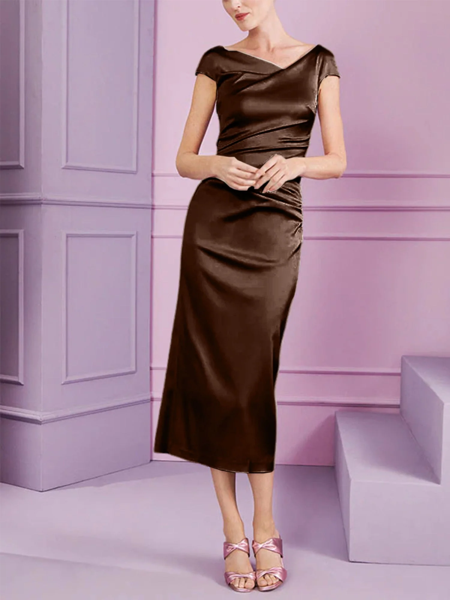 Sheath/Column Cowl Neck Short Sleeves Tea-Length Mother of the Bride Dresses with Ruffles - Image 14