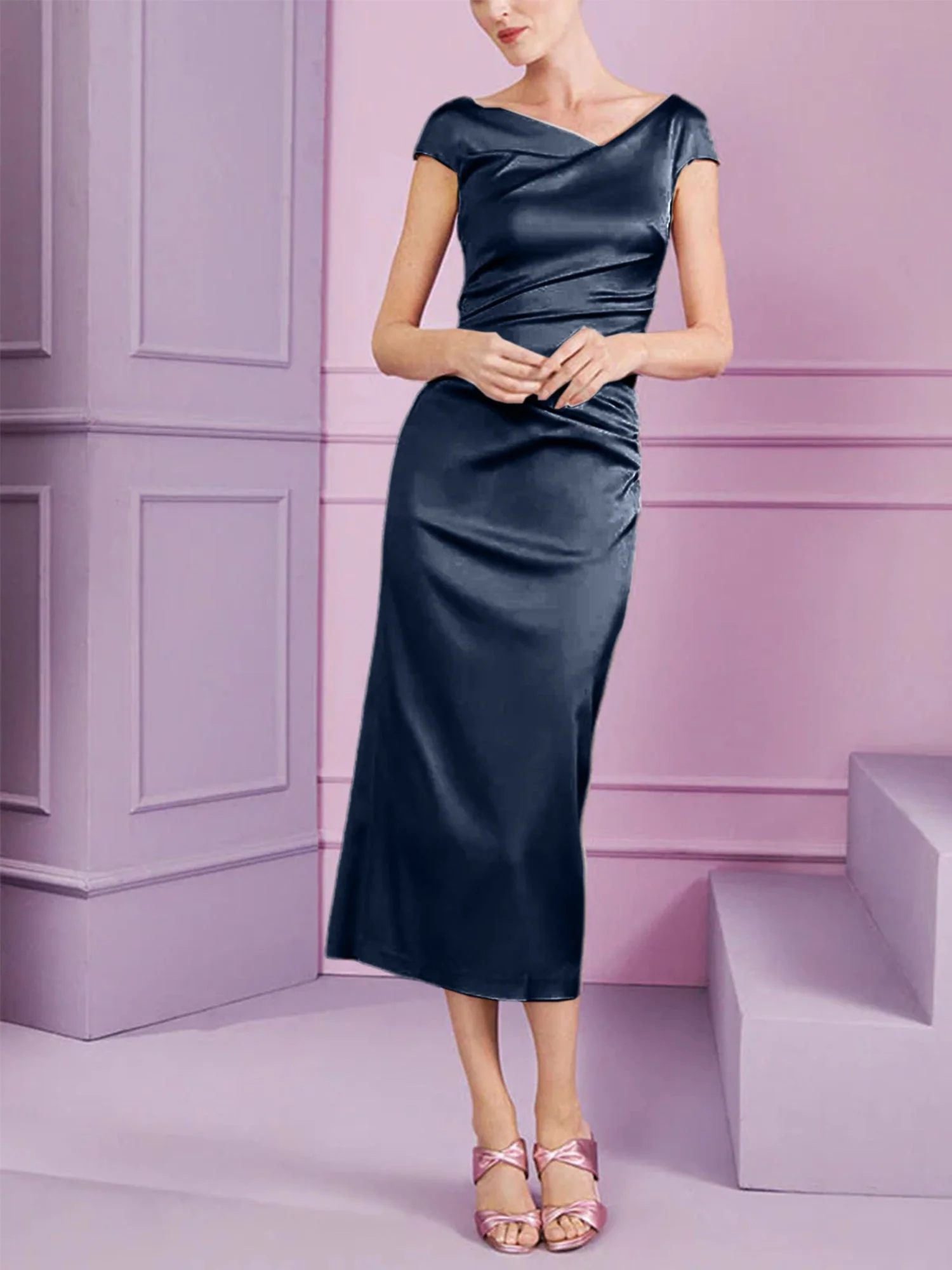 Sheath/Column Cowl Neck Short Sleeves Tea-Length Mother of the Bride Dresses with Ruffles - Image 37