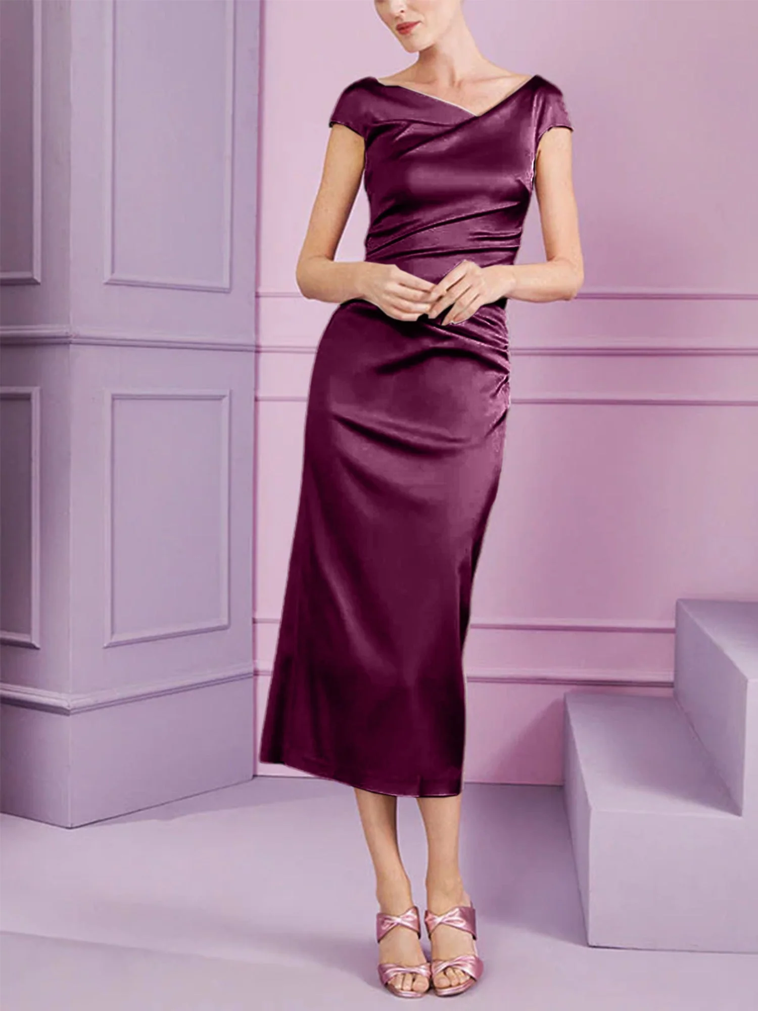 Sheath/Column Cowl Neck Short Sleeves Tea-Length Mother of the Bride Dresses with Ruffles - Image 41