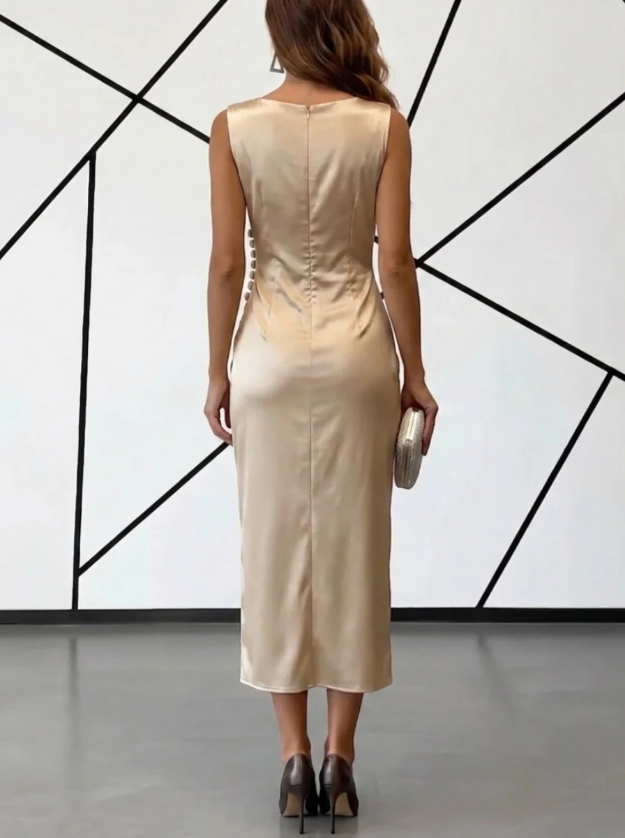Sheath/Column Cowl Neck Silk Satin Cocktail Dresses Sleeveless Faux Pearl Tea-Length Ruched Formal Dresses - Image 2