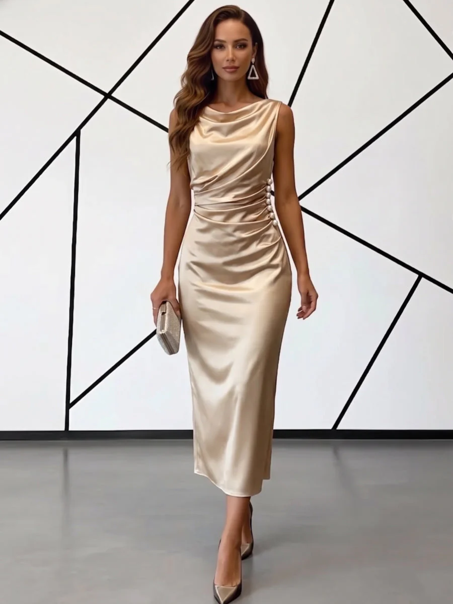 Sheath/Column Cowl Neck Silk Satin Cocktail Dresses Sleeveless Faux Pearl Tea-Length Ruched Formal Dresses - Image 3