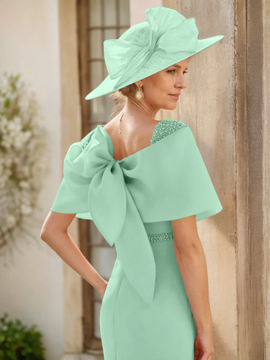 Sheath/Column Cowl Neck Sleeveless Ankle-Length Mother of the Bride Dresses with Beadings & Bow - Image 7