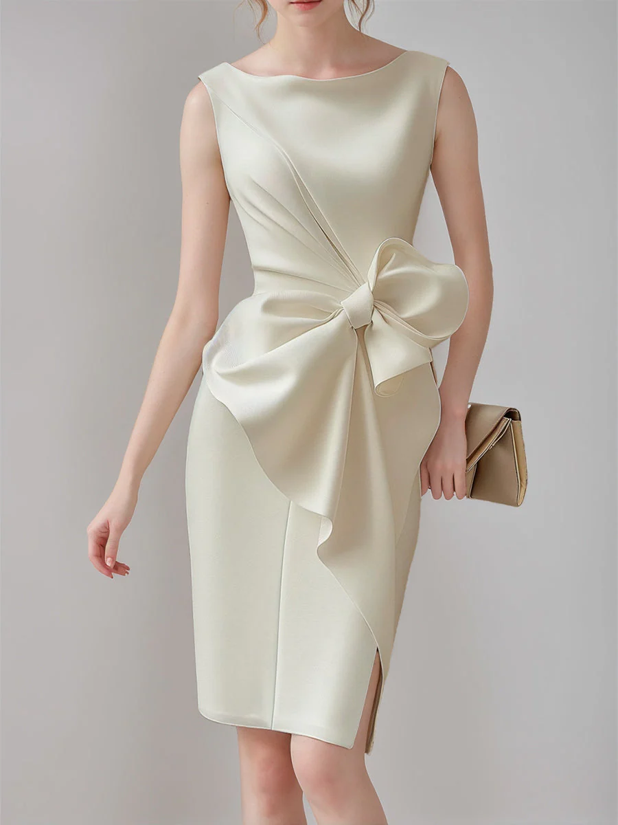 Sheath/Column Crew Neck Sleeveless Knee Length Wedding Dress with Bow & Ruffles