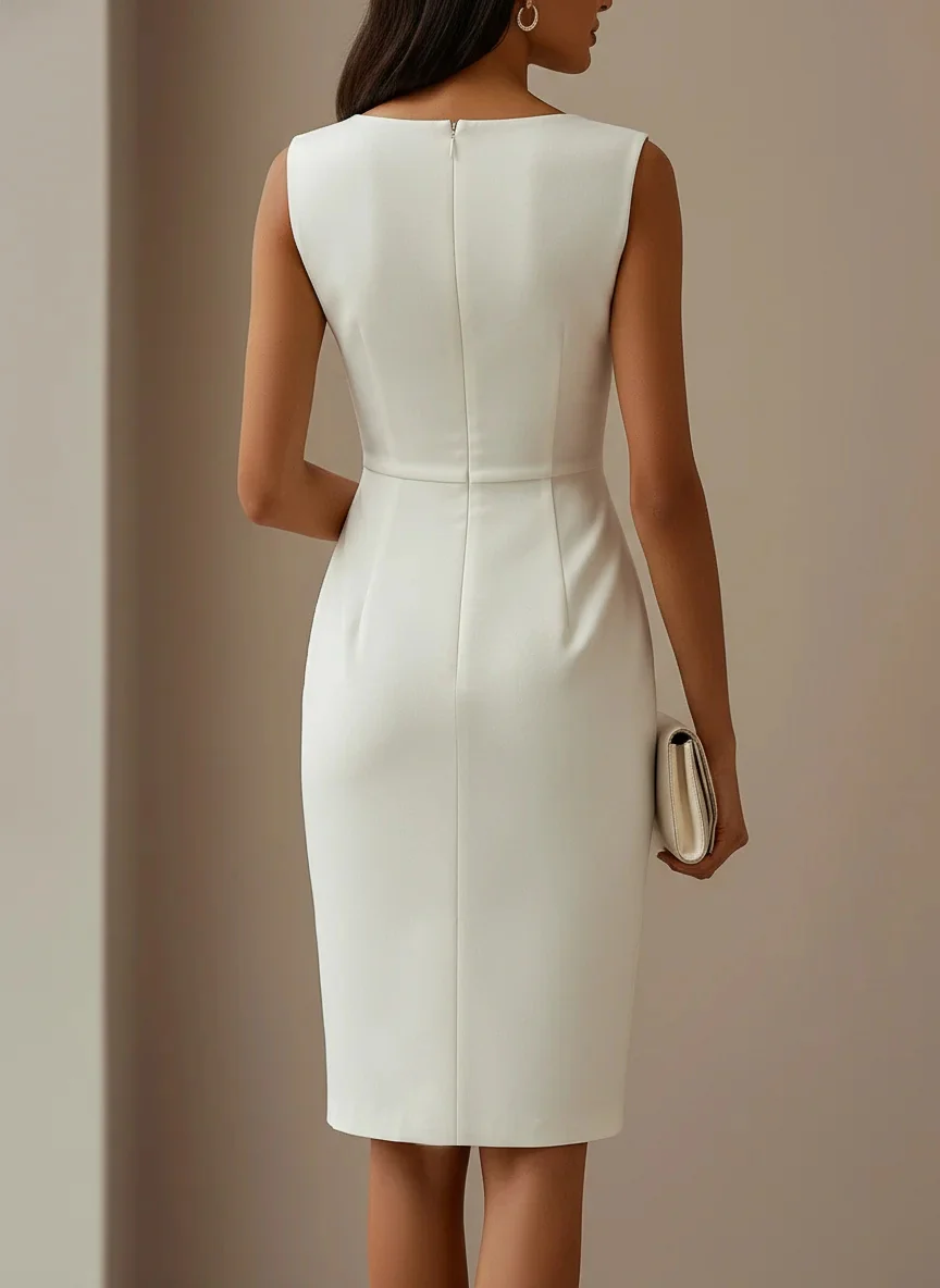 Sheath/Column Crew Neck Sleeveless Knee Length Wedding Dress with Bow & Ruffles - Image 2