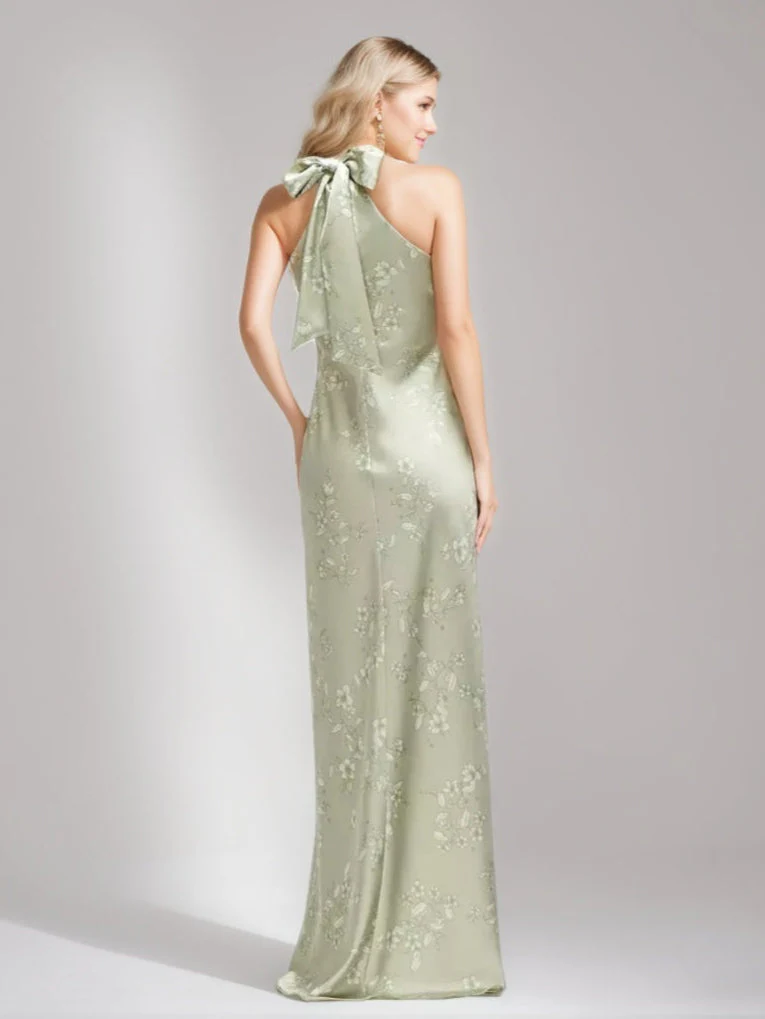 Sheath/Column Criss-cross Halter Ruched Floor-length Printed Floral Wedding Guest Dress with Self-tie Bow - Image 2