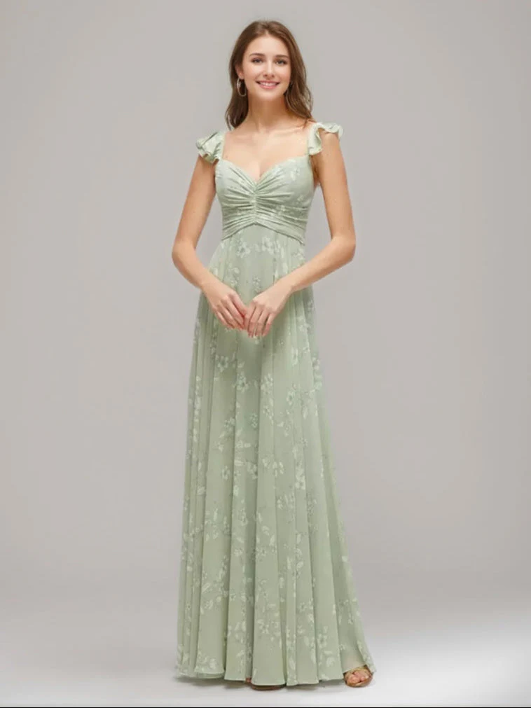 Sheath/Column Floor-length Ruched Printed Floral Wedding Guest Dress with Pleats & Convertible Ruffle Straps