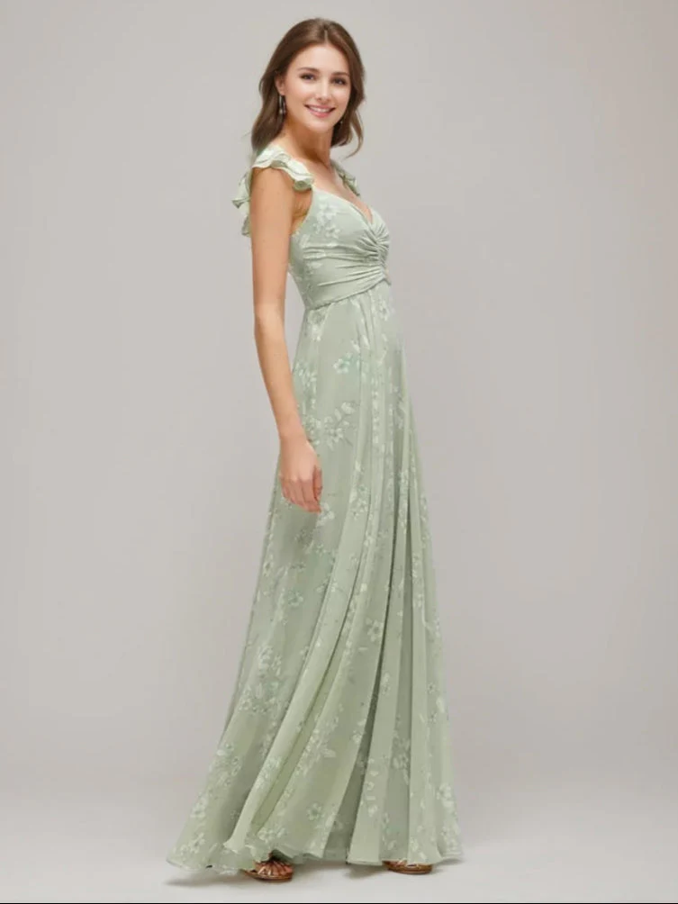 Sheath/Column Floor-length Ruched Printed Floral Wedding Guest Dress with Pleats & Convertible Ruffle Straps - Image 3