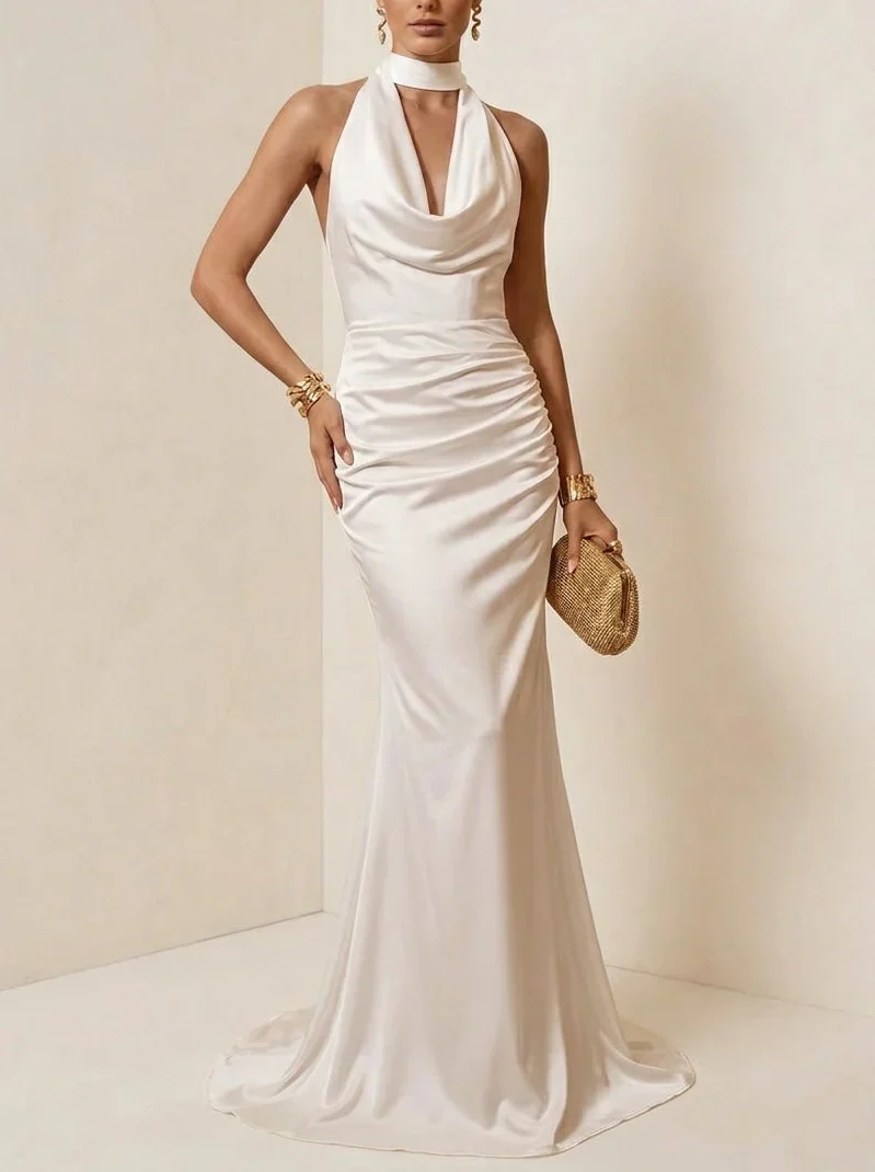Sheath/Column Halter Silk Satin Evening Dresses Sleeveless Floor-Length Formal Dresses