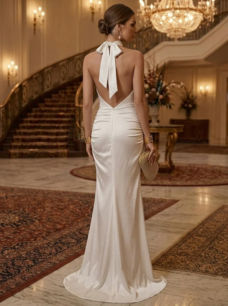 Sheath/Column Halter Silk Satin Evening Dresses Sleeveless Floor-Length Formal Dresses - Image 4