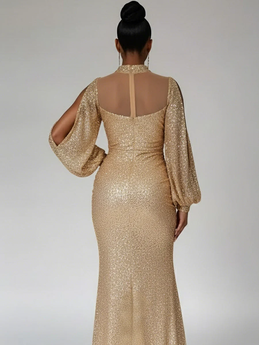Sheath/Column High Neck Sequins Evening Dresses with Split Side Floor-Length Long Sleeves Party Dresses - Image 2