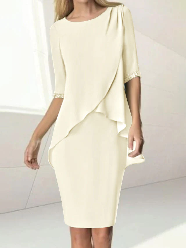 Sheath/Column Jewel Neck Knee-Length Half Sleeve Mother of the Bride Dresses with Beading Ruching - Image 33