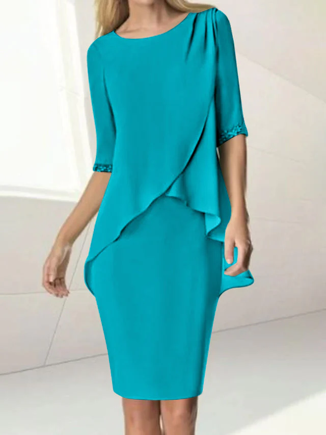 Sheath/Column Jewel Neck Knee-Length Half Sleeve Mother of the Bride Dresses with Beading Ruching - Image 37