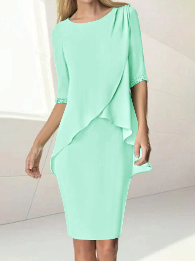 Sheath/Column Jewel Neck Knee-Length Half Sleeve Mother of the Bride Dresses with Beading Ruching - Image 49