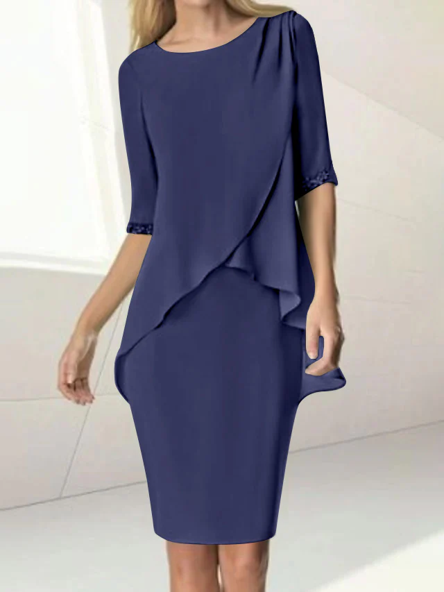 Sheath/Column Jewel Neck Knee-Length Half Sleeve Mother of the Bride Dresses with Beading Ruching - Image 50