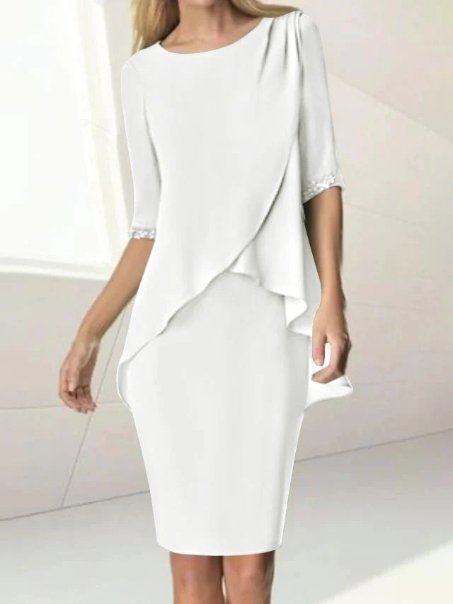 Sheath/Column Jewel Neck Knee-Length Half Sleeve Mother of the Bride Dresses with Beading Ruching - Image 53