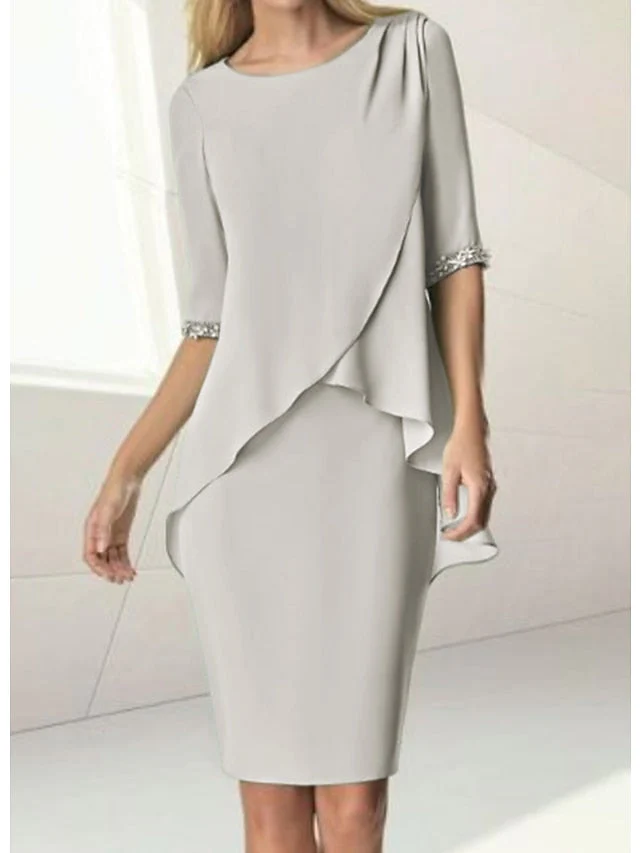 Sheath/Column Jewel Neck Knee-Length Half Sleeve Mother of the Bride Dresses with Beading Ruching - Image 8