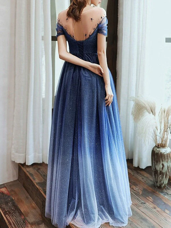 Sheath/Column Jewel Neck Short Sleeves Floor-Length Evening Dress with Pleats & Sequin - Image 2