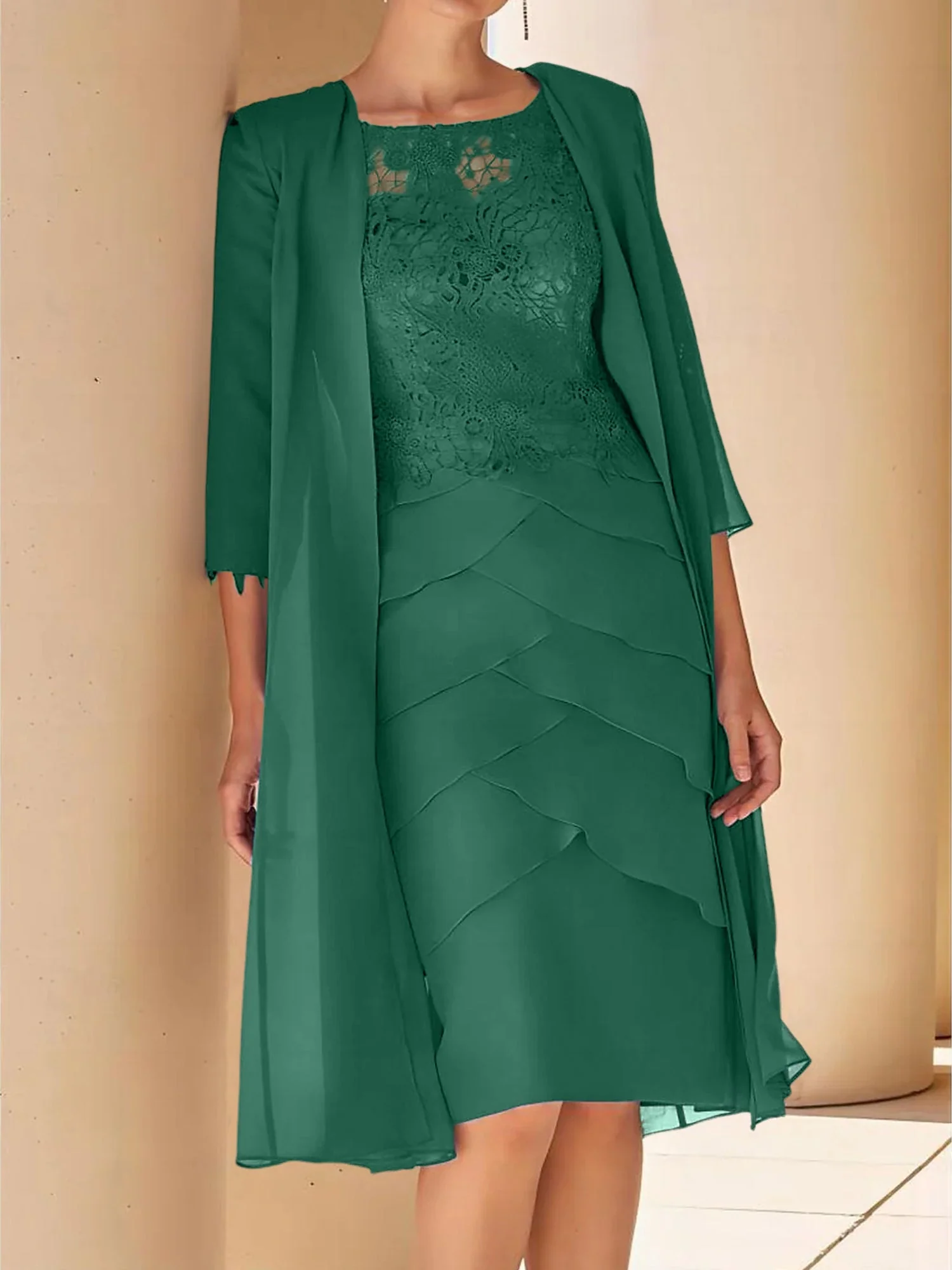 Sheath/Column Jewel Neck Short Sleeves Knee-Length Mother of the Bride Dresses with Lace - Image 13