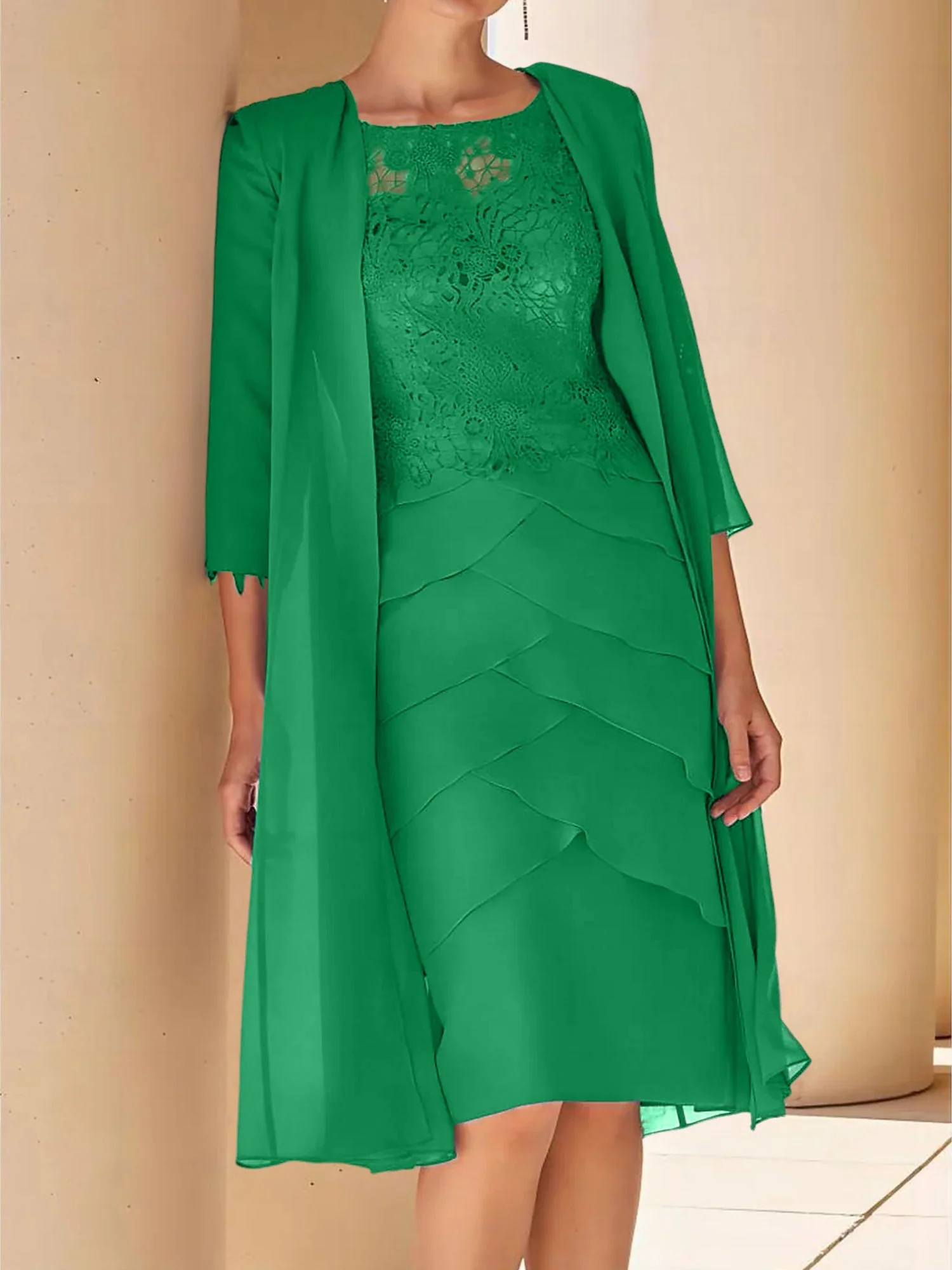 Sheath/Column Jewel Neck Short Sleeves Knee-Length Mother of the Bride Dresses with Lace - Image 27