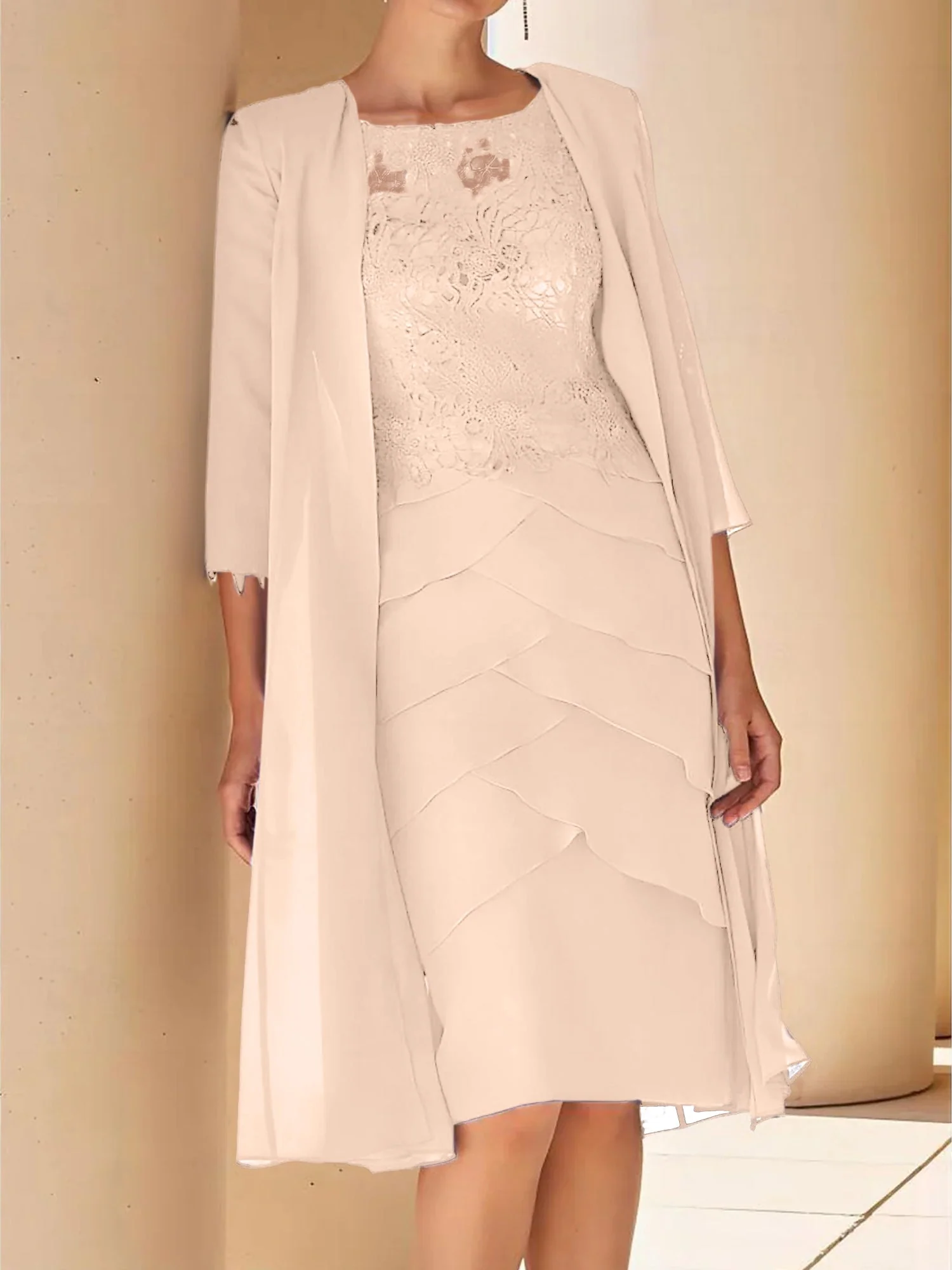 Sheath/Column Jewel Neck Short Sleeves Knee-Length Mother of the Bride Dresses with Lace - Image 33