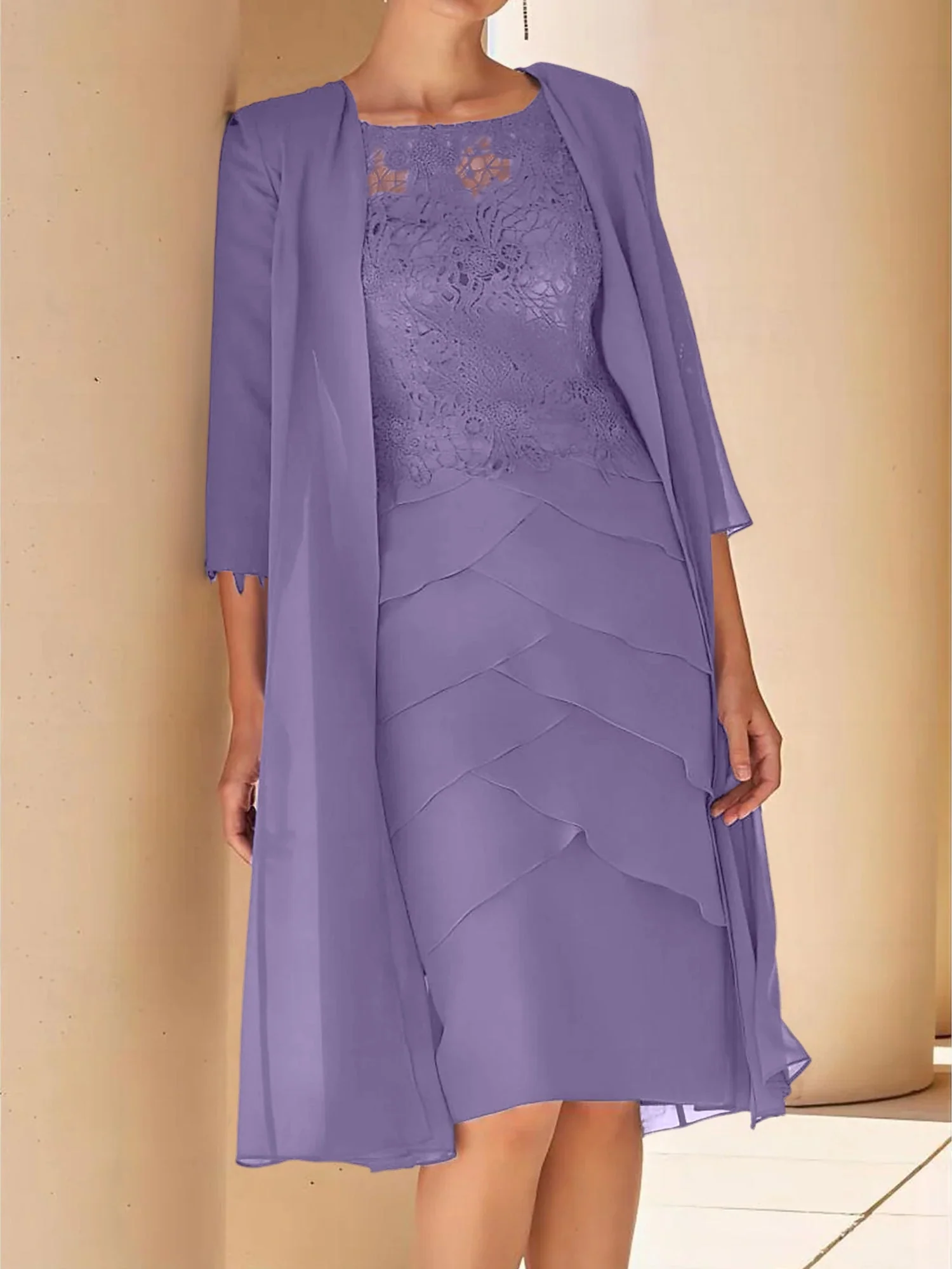 Sheath/Column Jewel Neck Short Sleeves Knee-Length Mother of the Bride Dresses with Lace - Image 35