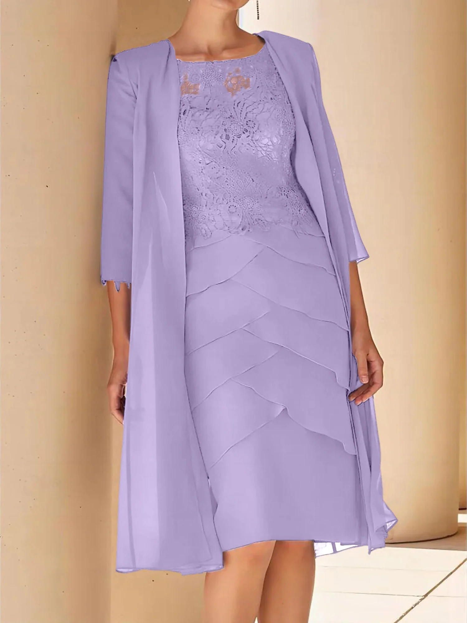 Sheath/Column Jewel Neck Short Sleeves Knee-Length Mother of the Bride Dresses with Lace - Image 38