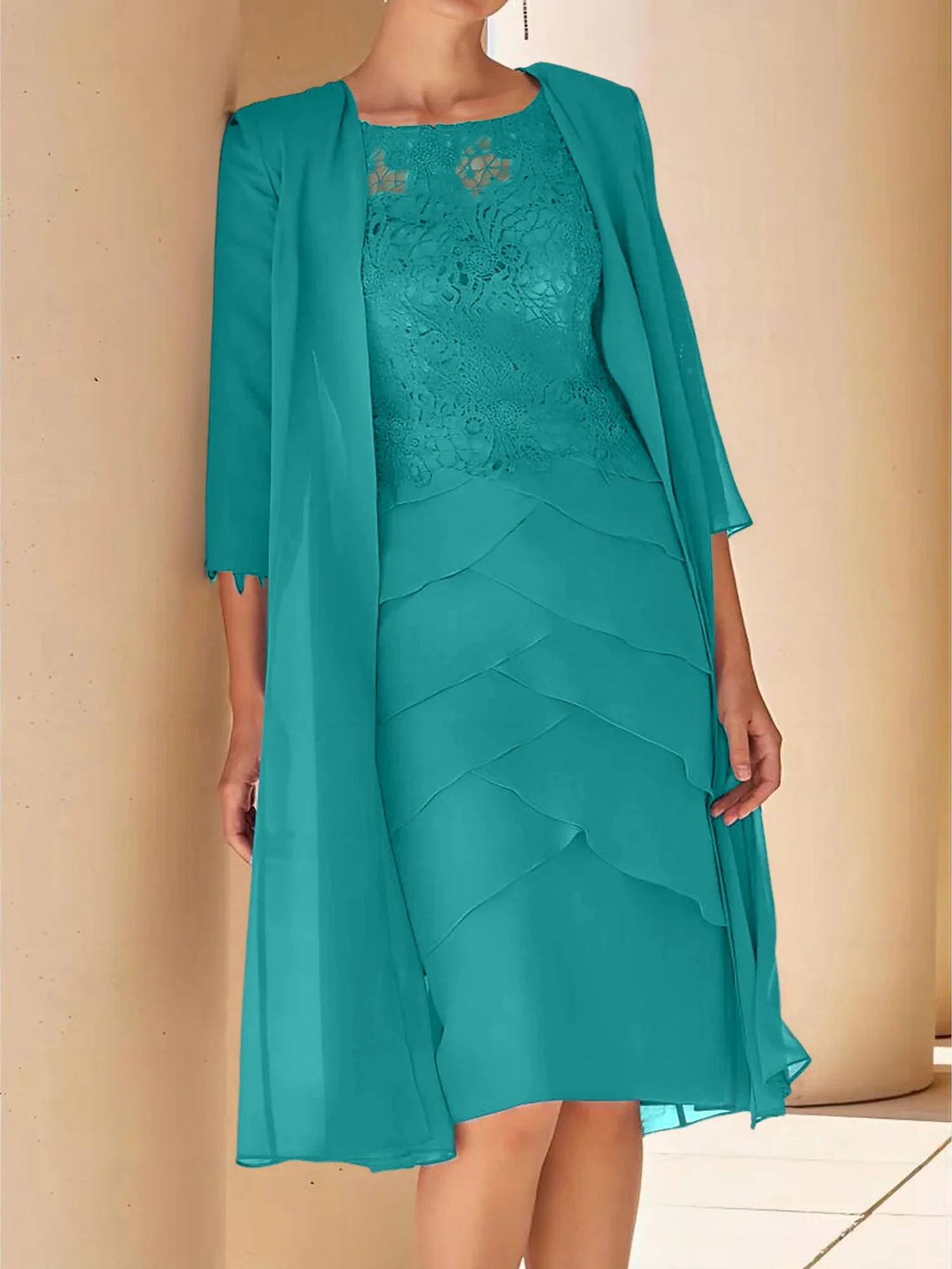 Sheath/Column Jewel Neck Short Sleeves Knee-Length Mother of the Bride Dresses with Lace - Image 4