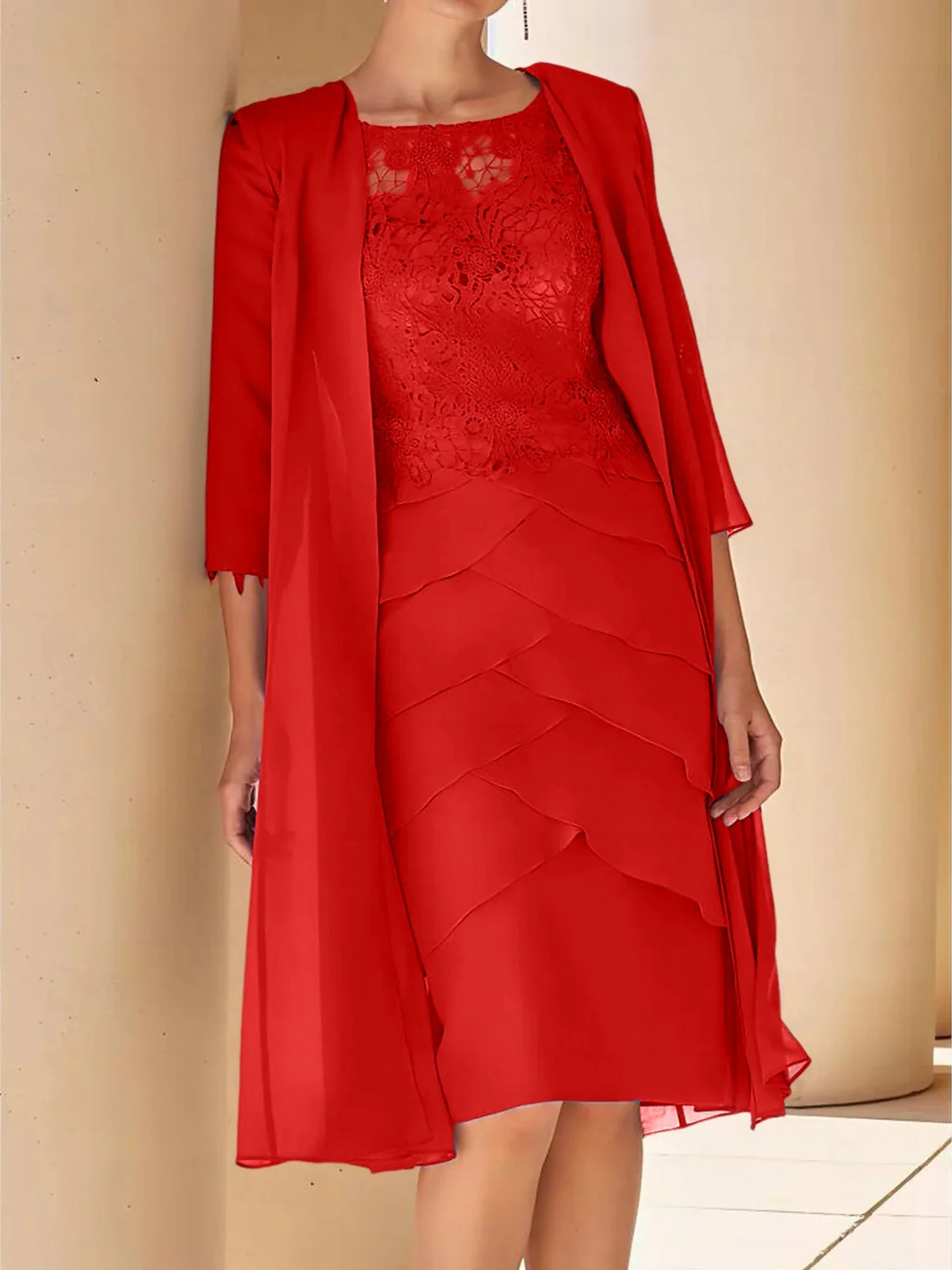 Sheath/Column Jewel Neck Short Sleeves Knee-Length Mother of the Bride Dresses with Lace - Image 56