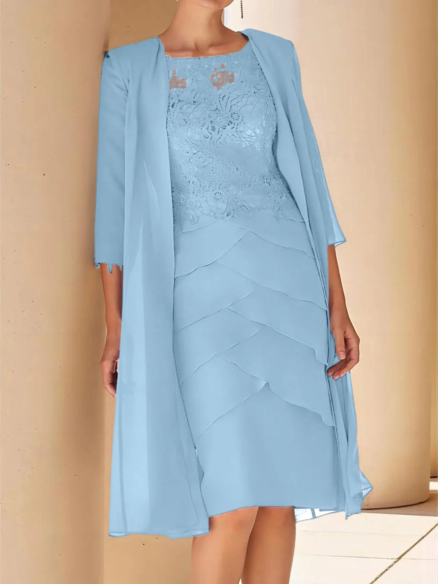 Sheath/Column Jewel Neck Short Sleeves Knee-Length Mother of the Bride Dresses with Lace - Image 63