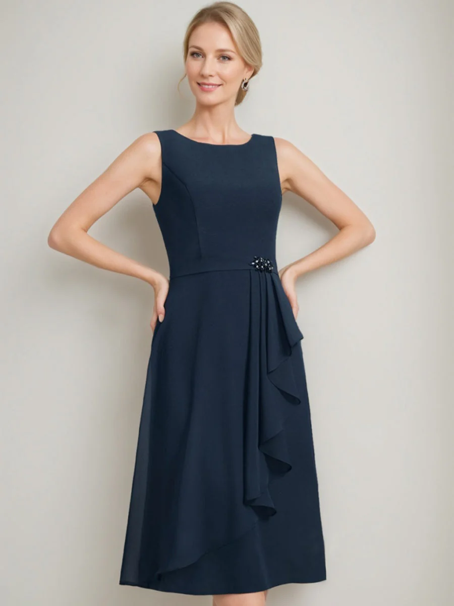 Sheath/Column Jewel Neck Tea-Length Mother Of The Bride Dresses with Detachable Cape & Ruffles & Beads - Image 6