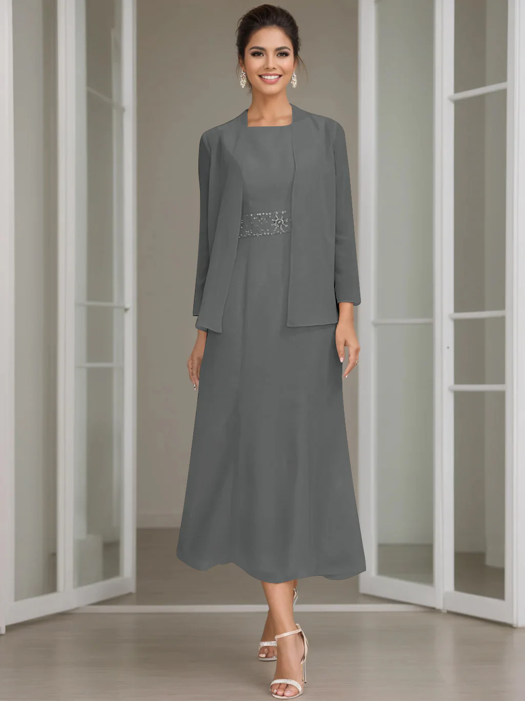 Sheath/Column Jewel Neck Tea Length Mother of the Bride Dresses with Jacket & Beading - Image 12