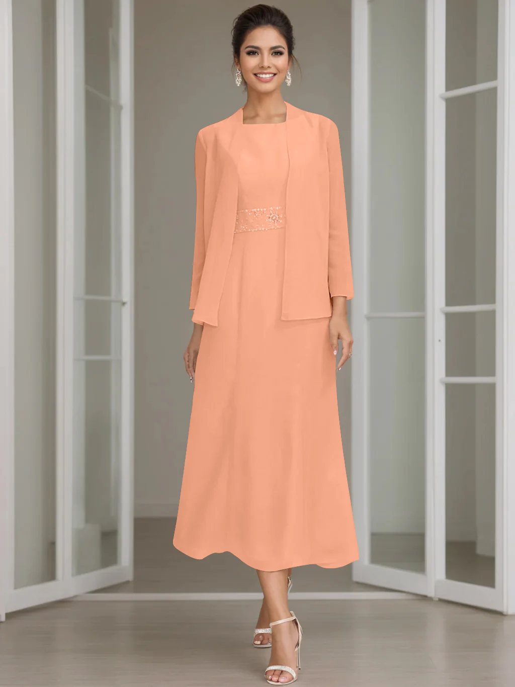 Sheath/Column Jewel Neck Tea Length Mother of the Bride Dresses with Jacket & Beading - Image 14