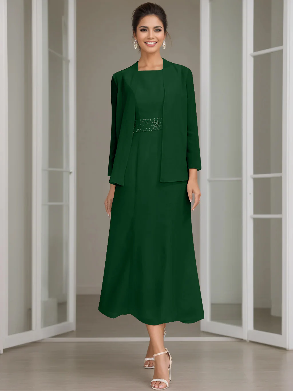 Sheath/Column Jewel Neck Tea Length Mother of the Bride Dresses with Jacket & Beading - Image 16