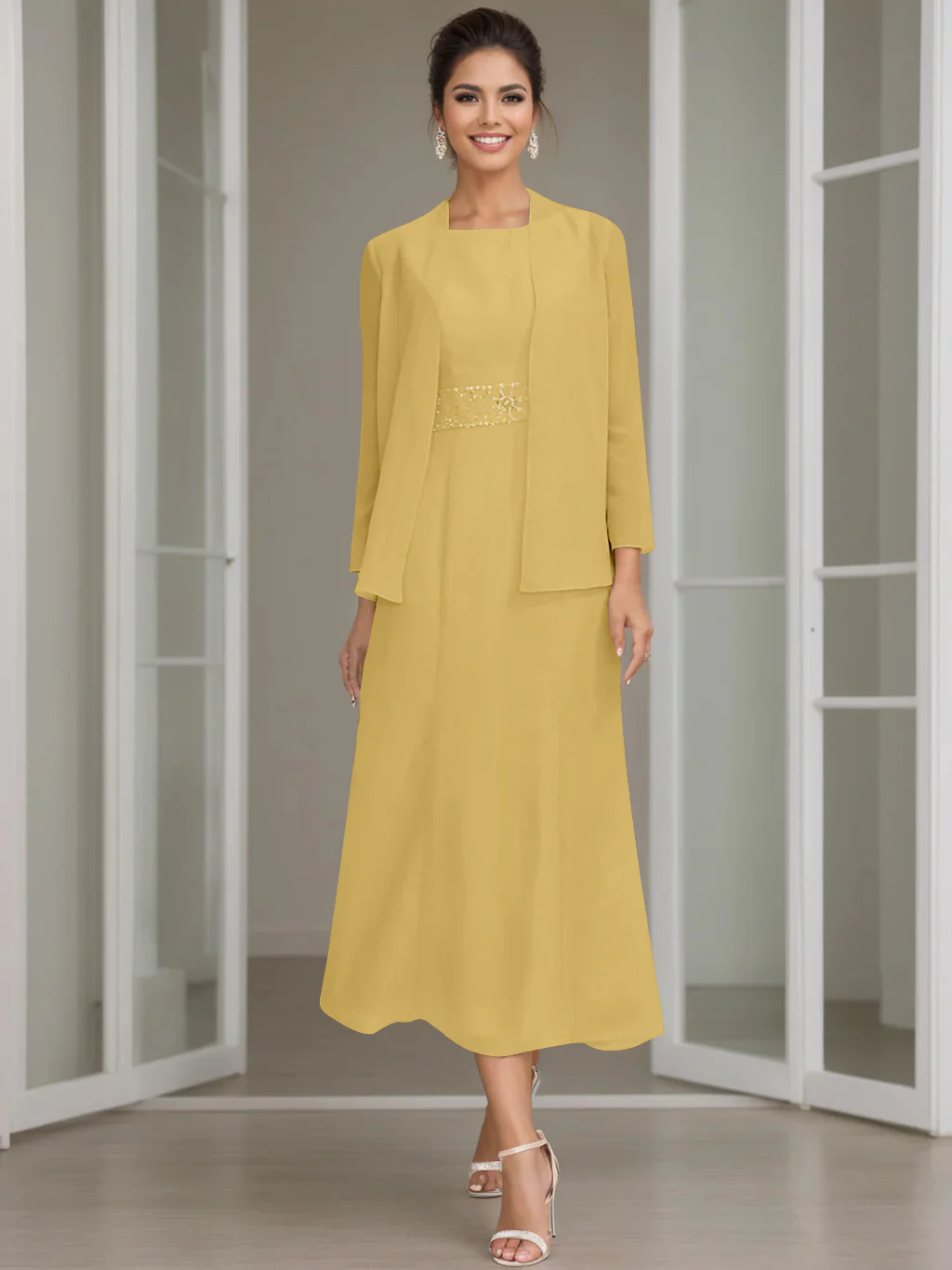 Sheath/Column Jewel Neck Tea Length Mother of the Bride Dresses with Jacket & Beading - Image 23