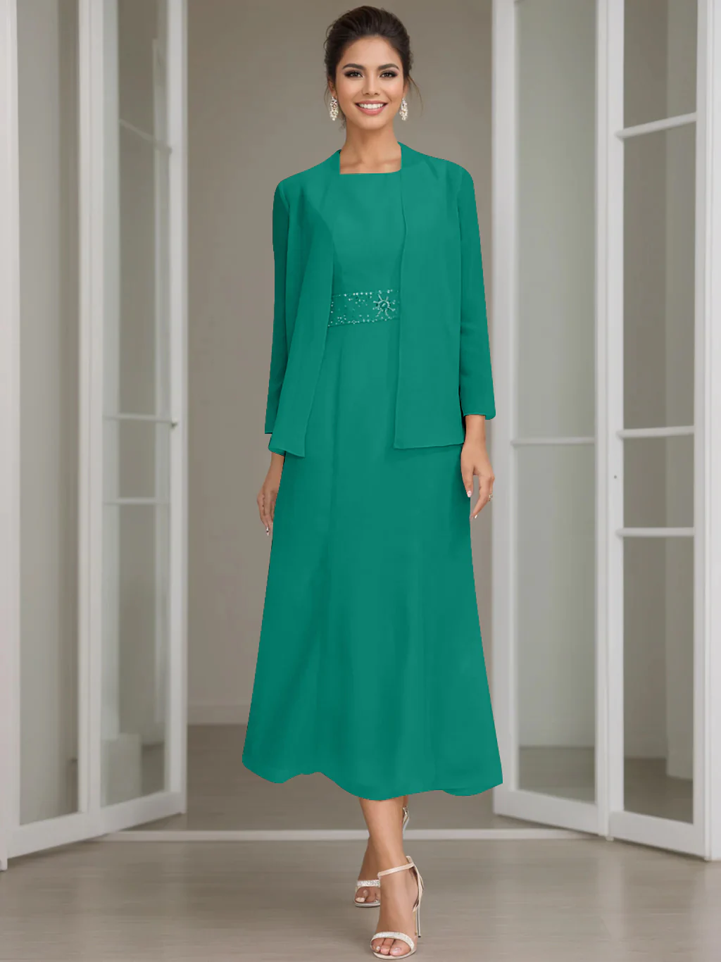 Sheath/Column Jewel Neck Tea Length Mother of the Bride Dresses with Jacket & Beading - Image 28