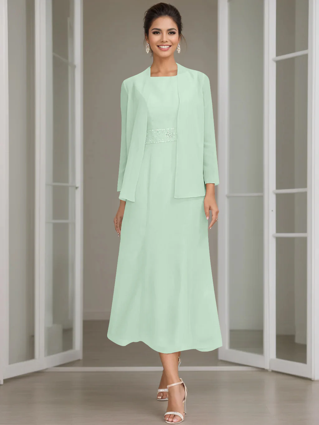 Sheath/Column Jewel Neck Tea Length Mother of the Bride Dresses with Jacket & Beading - Image 32