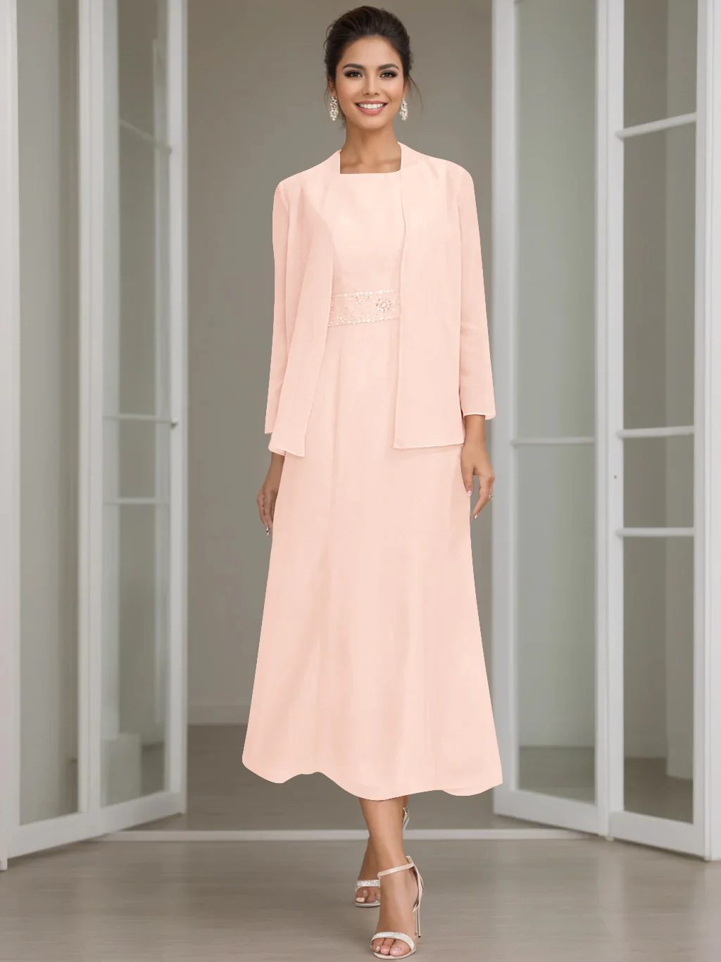 Sheath/Column Jewel Neck Tea Length Mother of the Bride Dresses with Jacket & Beading - Image 40