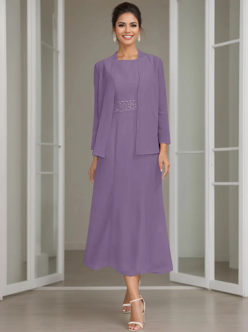 Sheath/Column Jewel Neck Tea Length Mother of the Bride Dresses with Jacket & Beading - Image 50