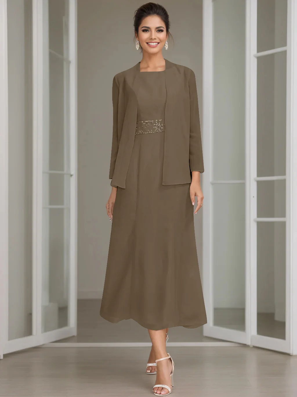 Sheath/Column Jewel Neck Tea Length Mother of the Bride Dresses with Jacket & Beading - Image 51