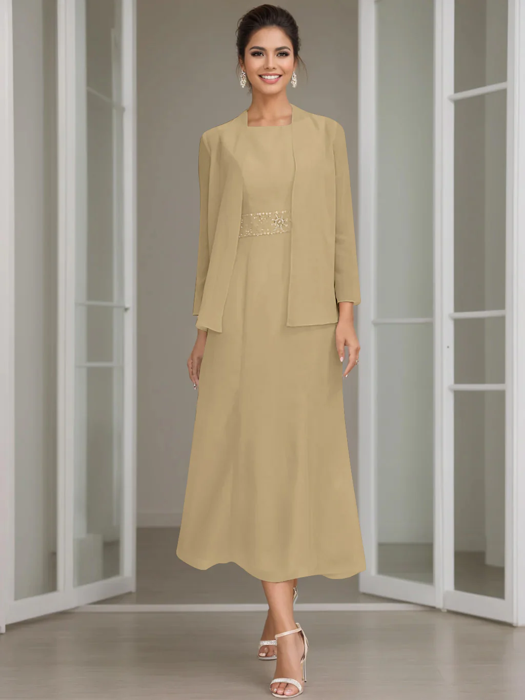 Sheath/Column Jewel Neck Tea Length Mother of the Bride Dresses with Jacket & Beading - Image 57