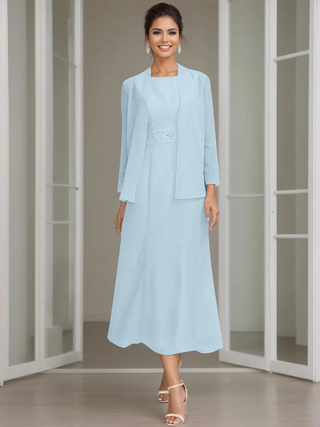 Sheath/Column Jewel Neck Tea Length Mother of the Bride Dresses with Jacket & Beading - Image 58
