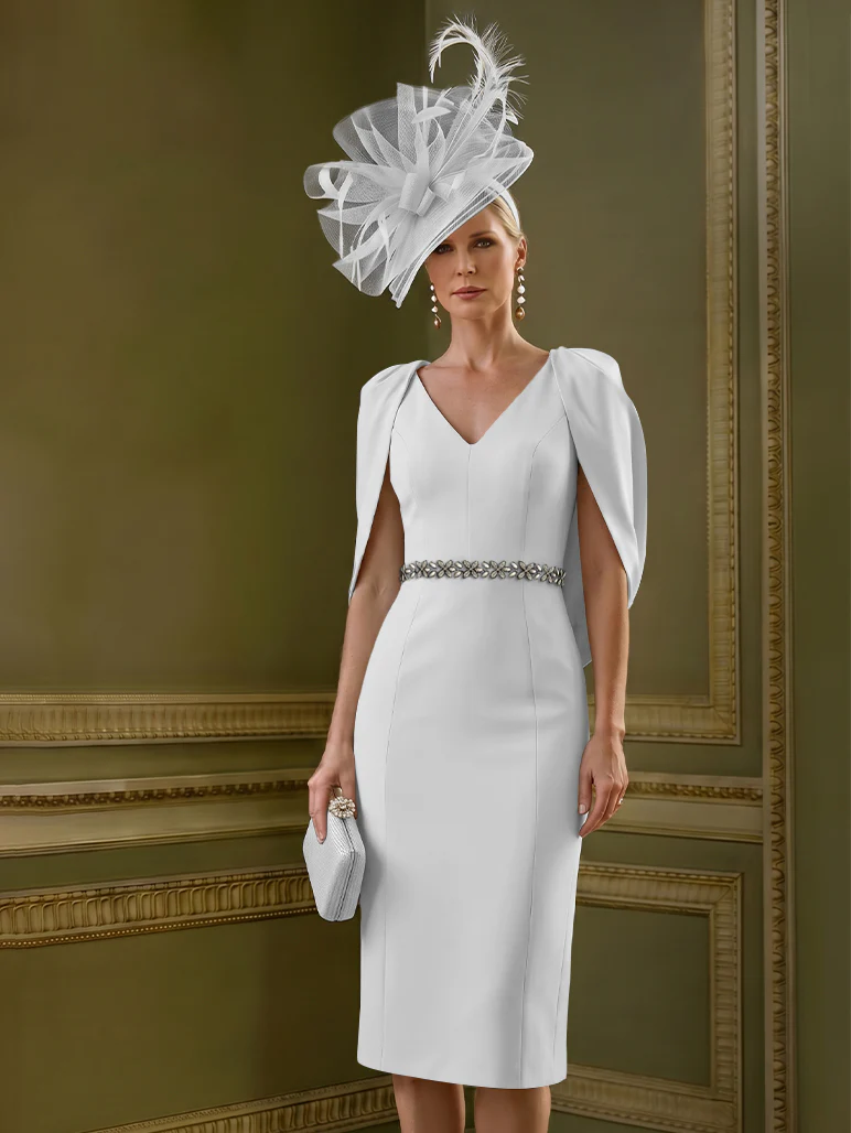 Sheath/Column Knee-Length V-Neck Mother of the Bride Dresses with Cape - Image 19