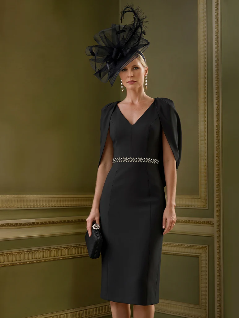 Sheath/Column Knee-Length V-Neck Mother of the Bride Dresses with Cape - Image 4